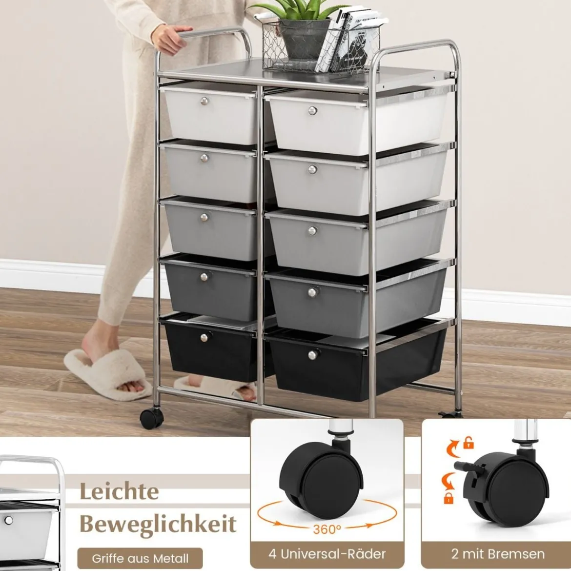 Rollwagen mit 10 Stapelbaren Schubladen Schubladenwagen Rollcontainer Badrollwagen