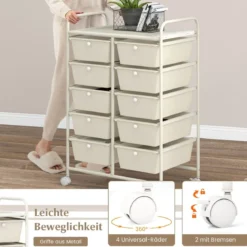 Rollwagen mit 10 Stapelbaren Schubladen Schubladenwagen Rollcontainer Badrollwagen