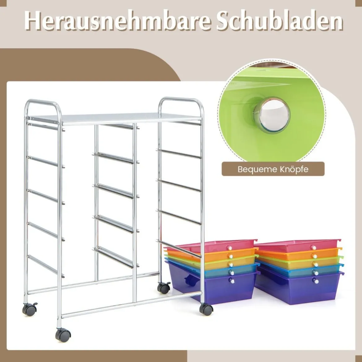Rollwagen mit 10 Stapelbaren Schubladen Schubladenwagen Rollcontainer Badrollwagen