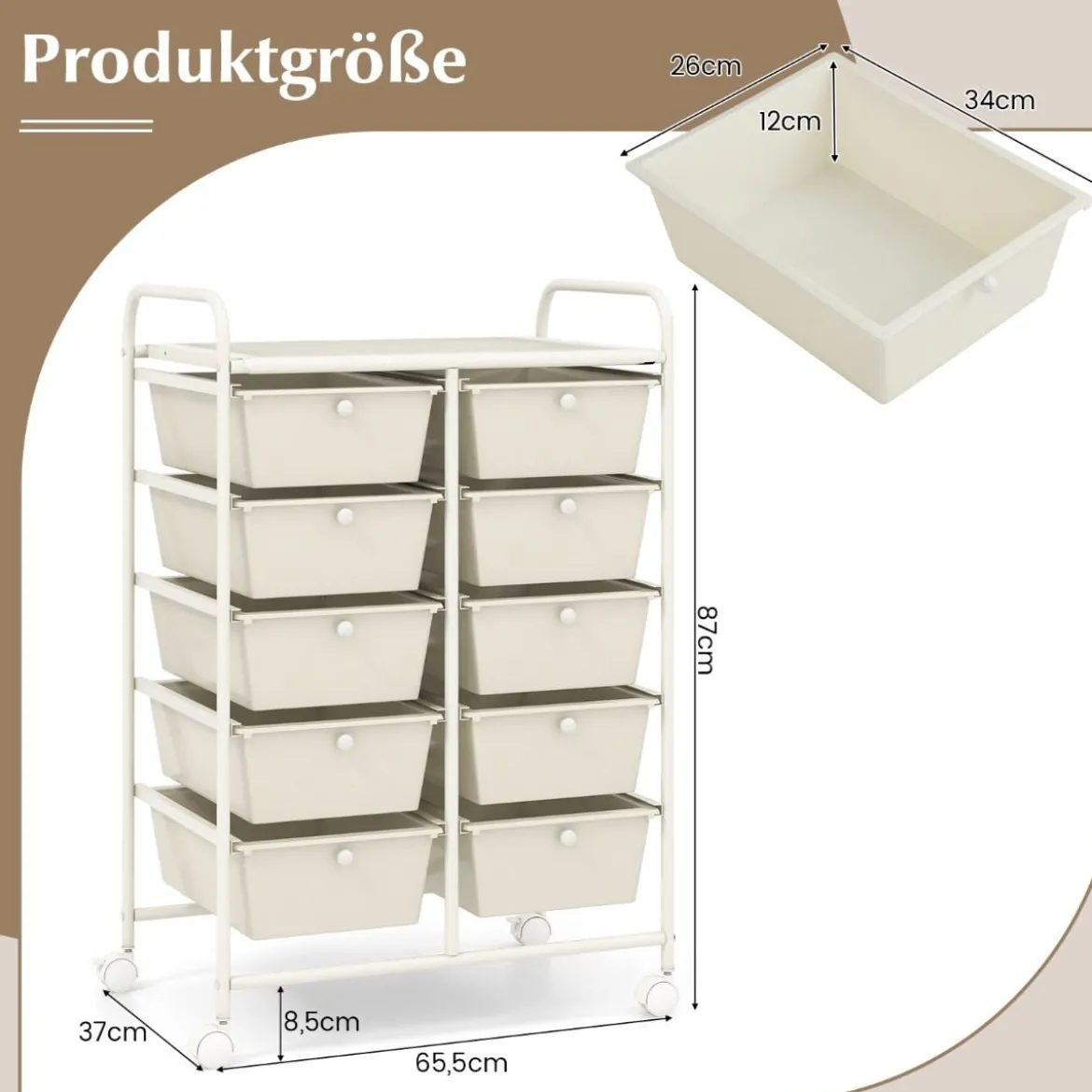 Rollwagen mit 10 Stapelbaren Schubladen Schubladenwagen Rollcontainer Badrollwagen
