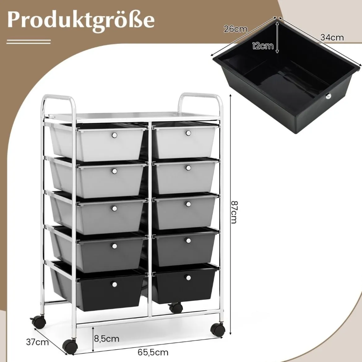 Rollwagen mit 10 Stapelbaren Schubladen Schubladenwagen Rollcontainer Badrollwagen