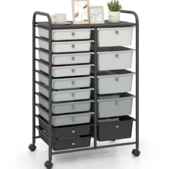 Rollwagen mit 15 Stapelbaren Schubladen & Griffe Schubladenwagen 63 x 38 x 96 cm Schwarz