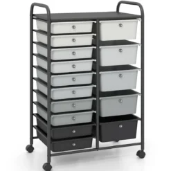 Rollwagen mit 15 Stapelbaren Schubladen & Griffe Schubladenwagen 63 x 38 x 96 cm Schwarz