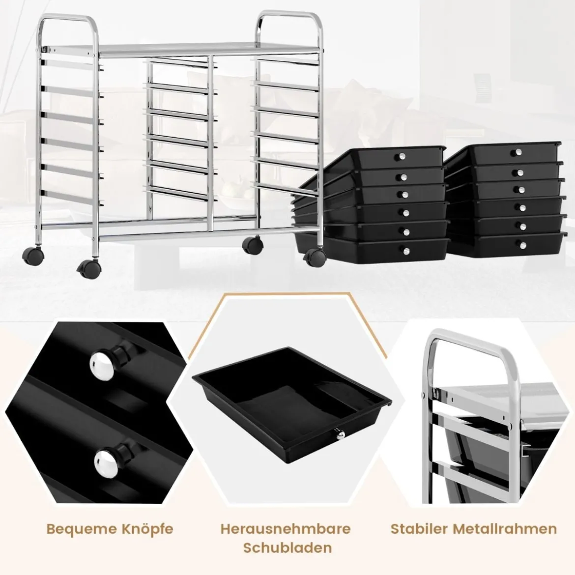 Rollwagen mit 12 Stapelbaren Schubladen & Ablagefläche Schubladenwagen Rollcontainer
