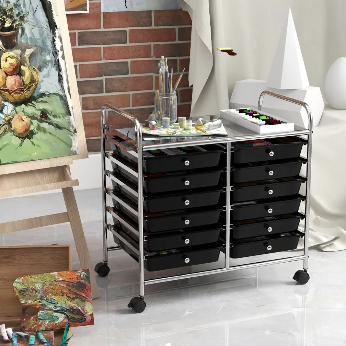 Rollwagen mit 12 Stapelbaren Schubladen & Ablagefläche Schubladenwagen Rollcontainer