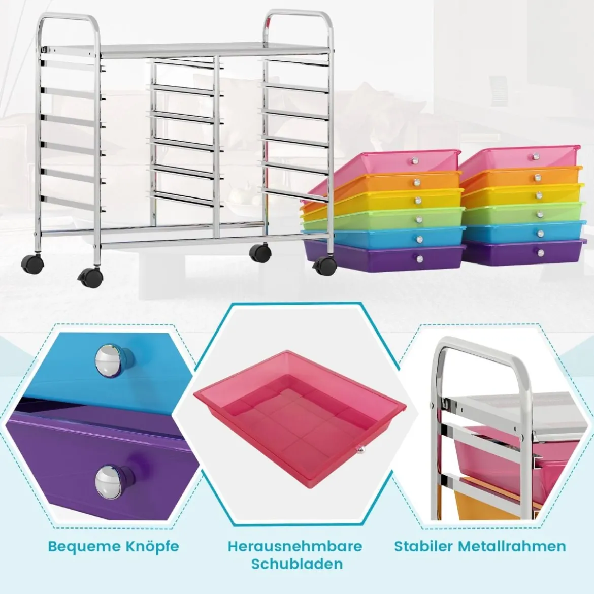 Rollwagen mit 12 Stapelbaren Schubladen & Ablagefläche Schubladenwagen Rollcontainer