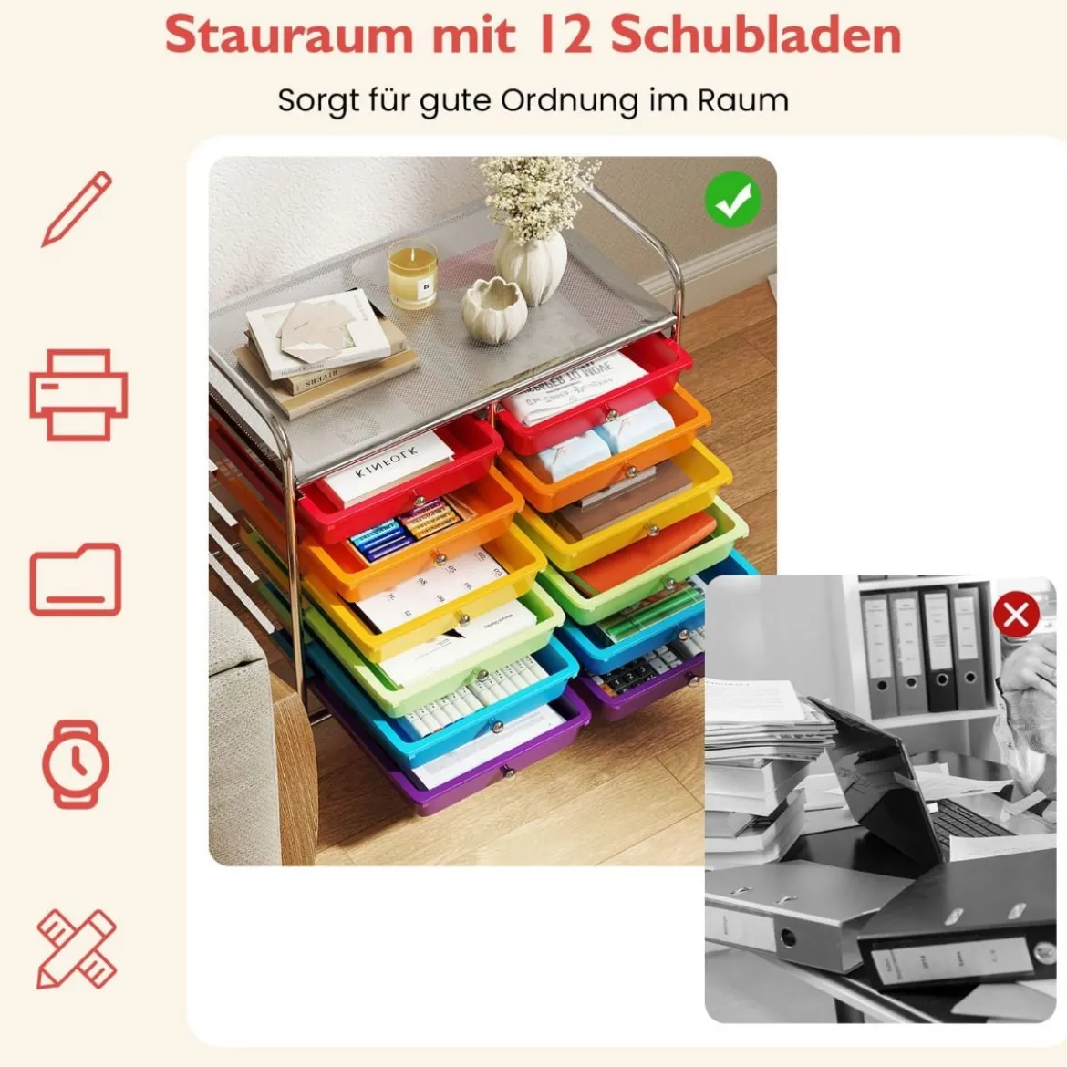 Rollwagen mit 12 Stapelbaren Schubladen & Ablagefläche Schubladenwagen Rollcontainer
