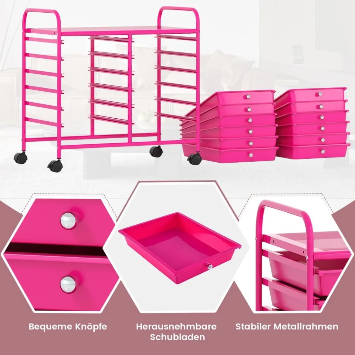 Rollwagen mit 12 Stapelbaren Schubladen & Ablagefläche Schubladenwagen Rollcontainer