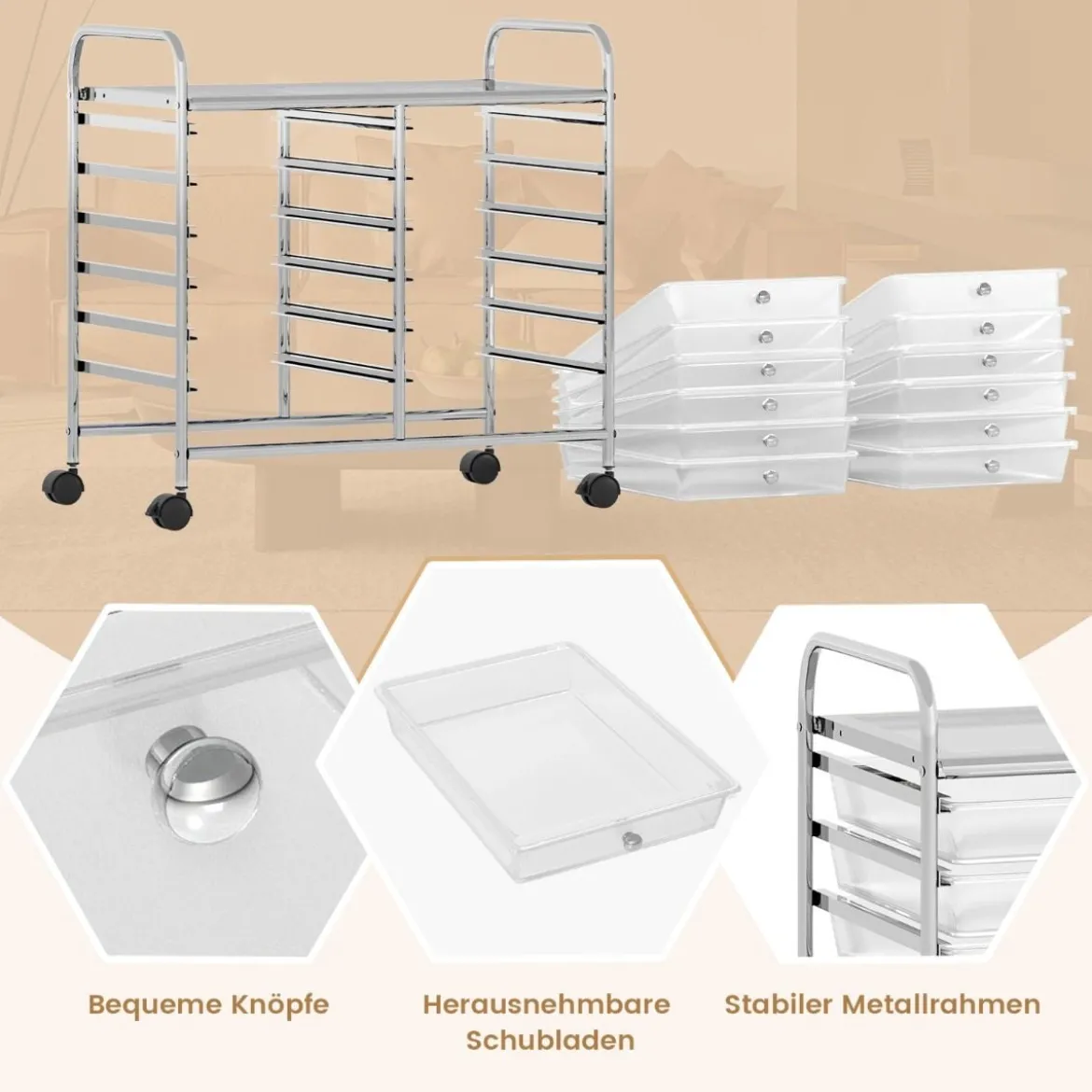 Rollwagen mit 12 Stapelbaren Schubladen & Ablagefläche Schubladenwagen Rollcontainer