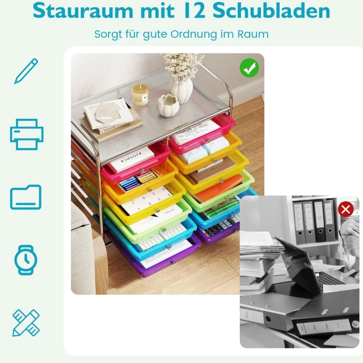 Rollwagen mit 12 Stapelbaren Schubladen & Ablagefläche Schubladenwagen Rollcontainer