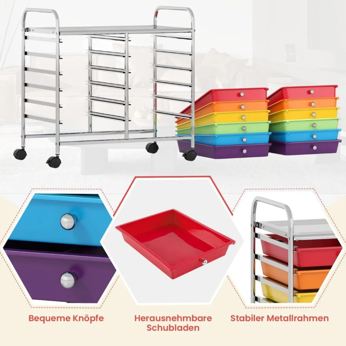Rollwagen mit 12 Stapelbaren Schubladen & Ablagefläche Schubladenwagen Rollcontainer
