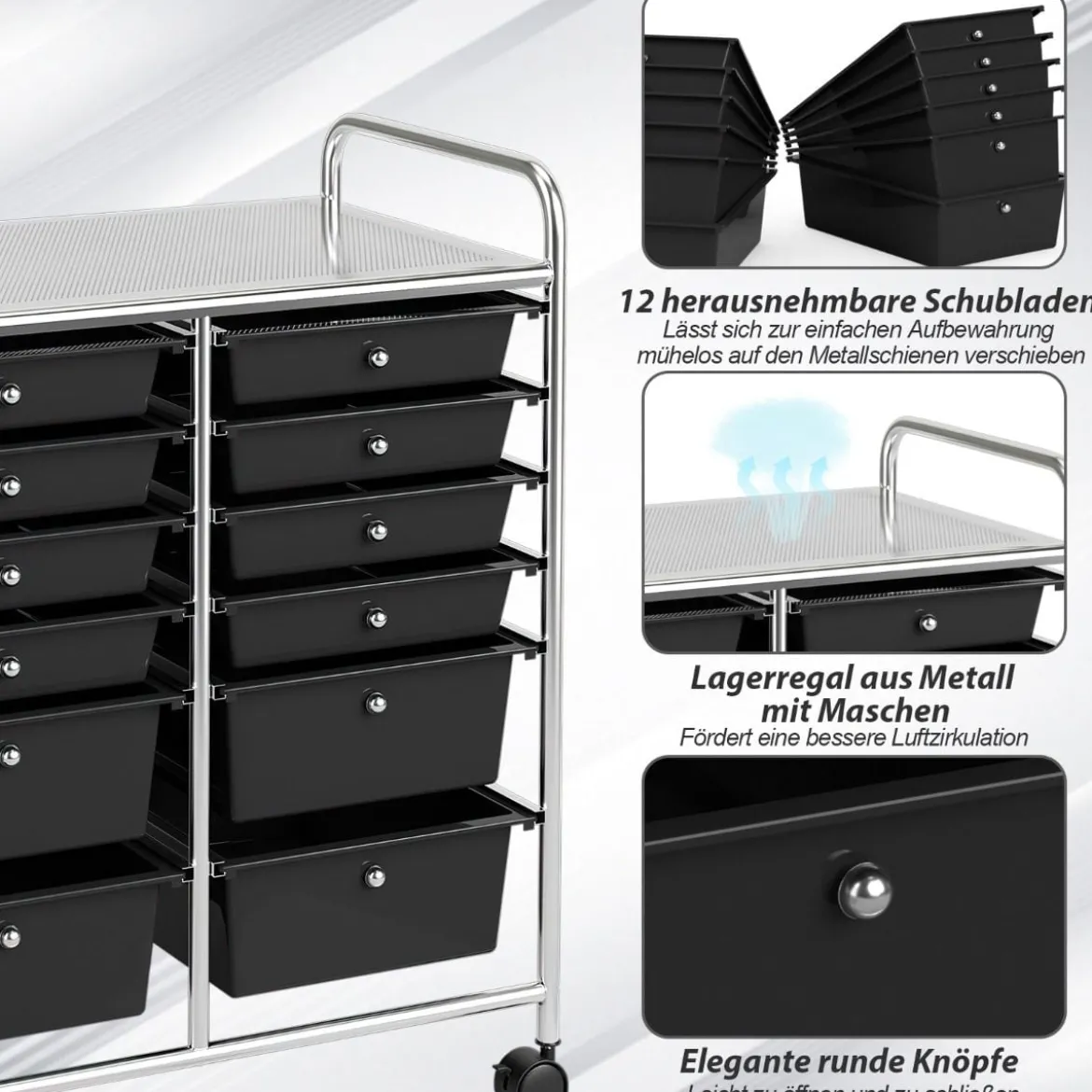 Rollwagen mit 12 stapelbaren Schubladen Schubladenwagen Rollcontainer mit Metallgestell und Ablagefläche