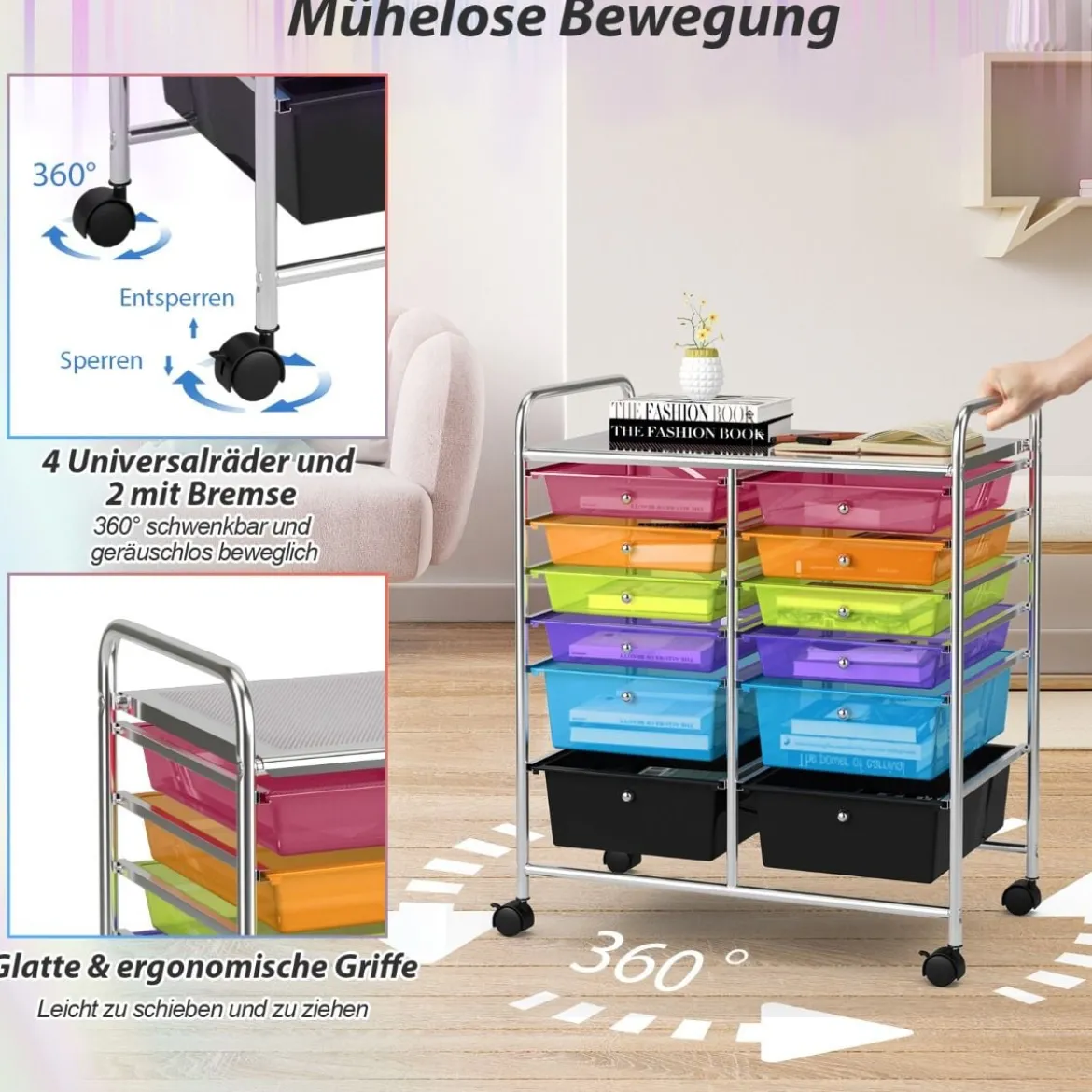 Rollwagen mit 12 stapelbaren Schubladen Schubladenwagen Rollcontainer mit Metallgestell und Ablagefläche