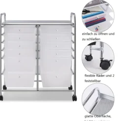 Rollwagen mit 12 stapelbaren Schubladen Schubladenwagen Rollcontainer mit Metallgestell und Ablagefläche