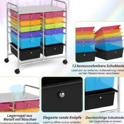 Rollwagen mit 12 stapelbaren Schubladen Schubladenwagen Rollcontainer mit Metallgestell und Ablagefläche