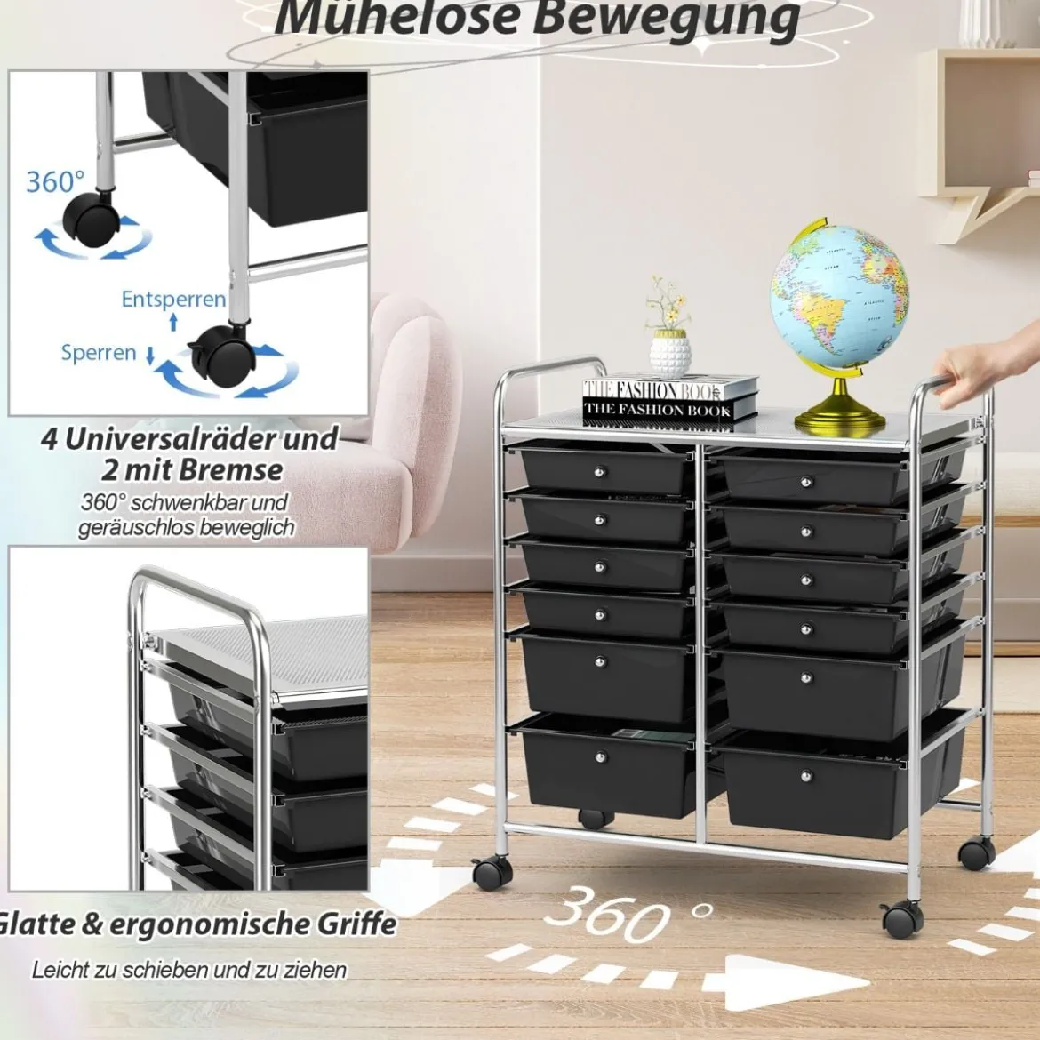 Rollwagen mit 12 stapelbaren Schubladen Schubladenwagen Rollcontainer mit Metallgestell und Ablagefläche