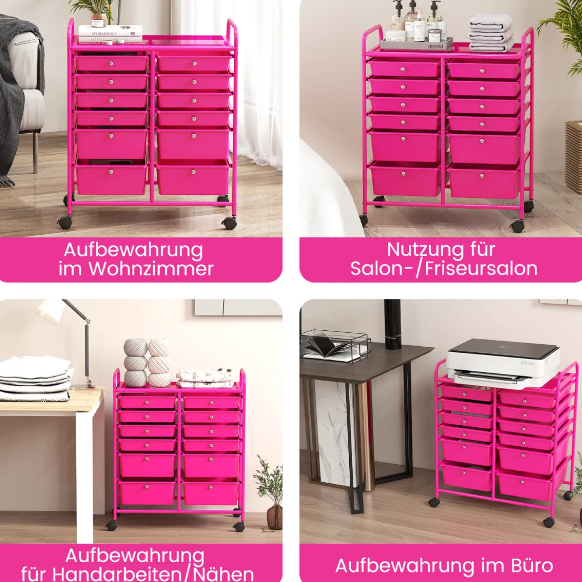 Rollwagen mit 12 stapelbaren Schubladen Schubladenwagen Rollcontainer mit Metallgestell und Ablagefläche