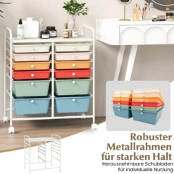 Rollwagen mit 12 stapelbaren Schubladen Schubladenwagen Rollcontainer mit Metallgestell und Ablagefläche