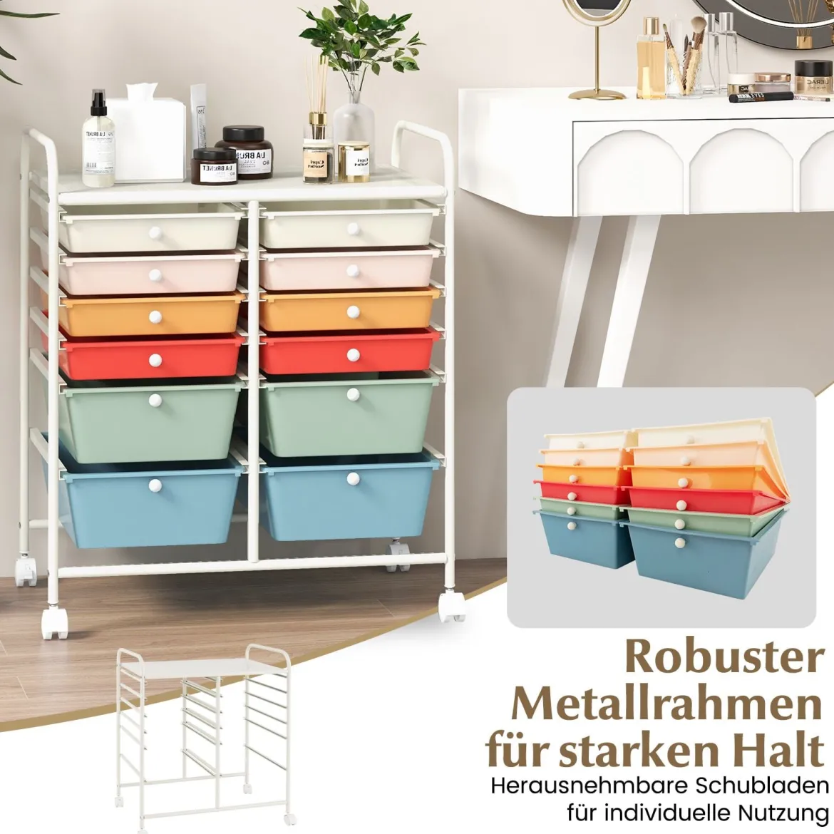 Rollwagen mit 12 stapelbaren Schubladen Schubladenwagen Rollcontainer mit Metallgestell und Ablagefläche