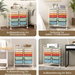 Rollwagen mit 12 stapelbaren Schubladen Schubladenwagen Rollcontainer mit Metallgestell und Ablagefläche