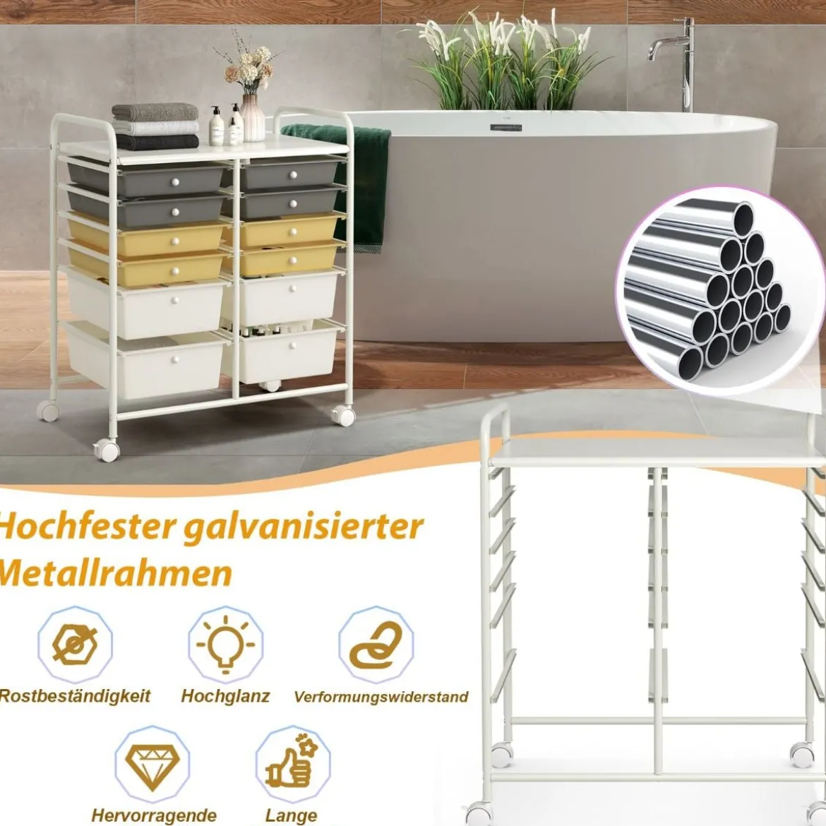 Rollwagen mit 12 stapelbaren Schubladen Schubladenwagen Rollcontainer mit Metallgestell und Ablagefläche