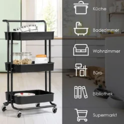 Rollwagen 3 Regale Mehrzweckwagen Aufbewahrungswagen Schwarz/Weiß 42 x 35 x 87 cm