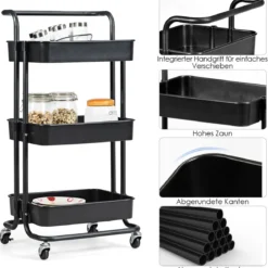 Rollwagen 3 Regale Mehrzweckwagen Aufbewahrungswagen Schwarz/Weiß 42 x 35 x 87 cm