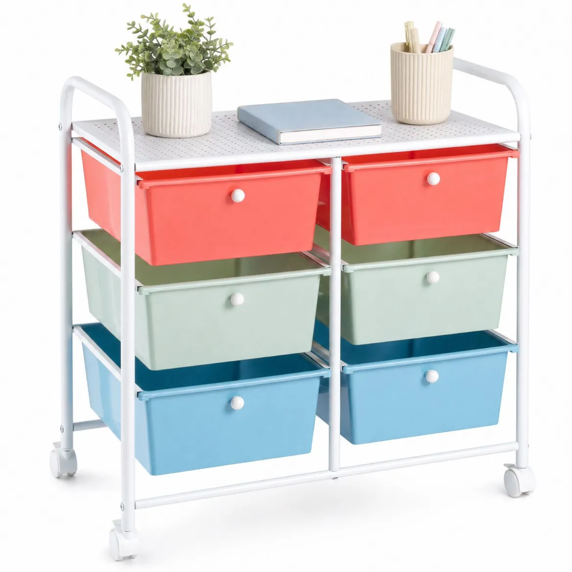 Rollwagen Rollcontainer mit 6 Schubladen aus Kunststoff & 2 Griffen 63,5 x 38 x 66 cm Bunt