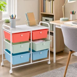 Rollwagen Rollcontainer mit 6 Schubladen aus Kunststoff & 2 Griffen 63,5 x 38 x 66 cm Bunt
