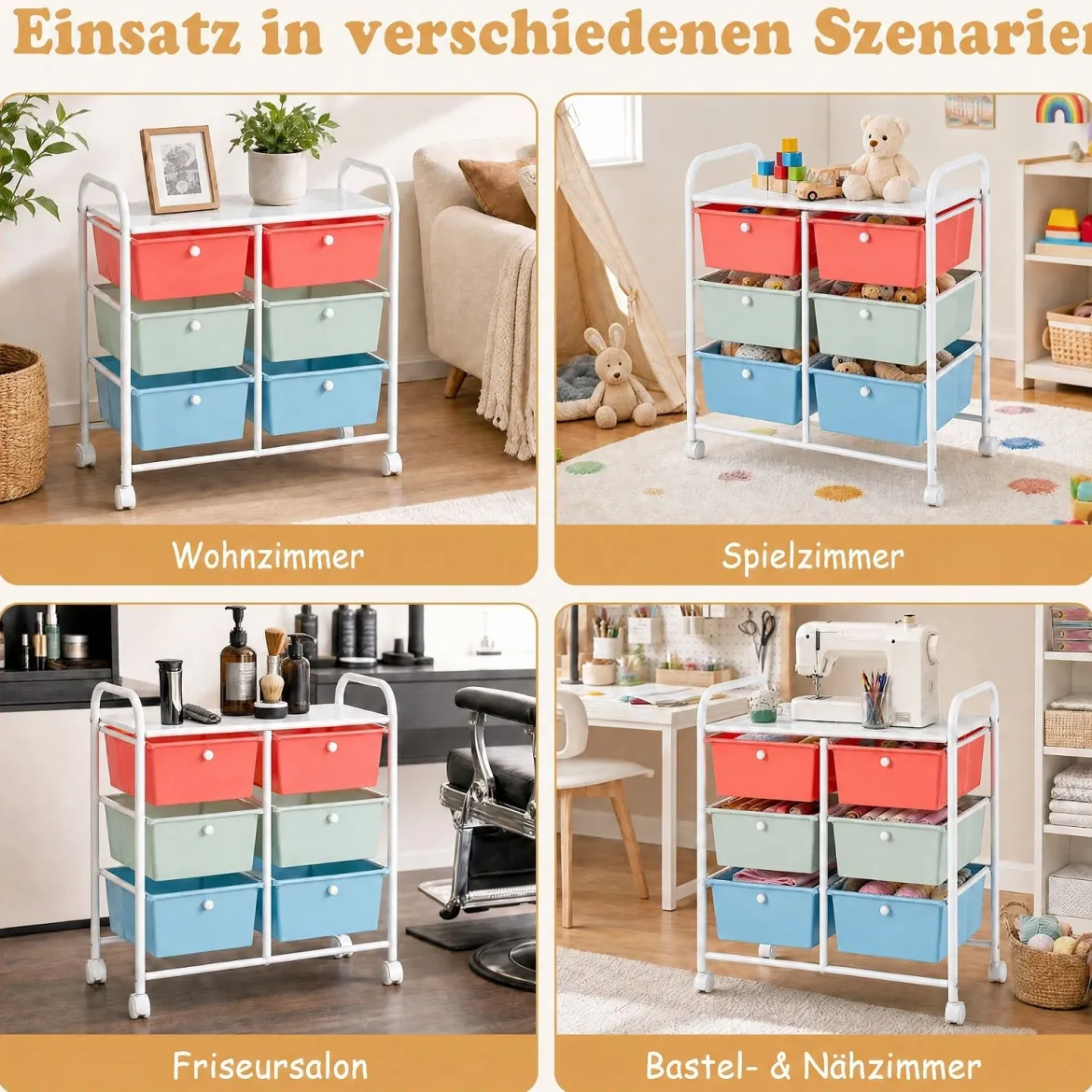 Rollwagen Rollcontainer mit 6 Schubladen aus Kunststoff & 2 Griffen 63,5 x 38 x 66 cm Bunt