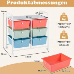 Rollwagen Rollcontainer mit 6 Schubladen aus Kunststoff & 2 Griffen 63,5 x 38 x 66 cm Bunt