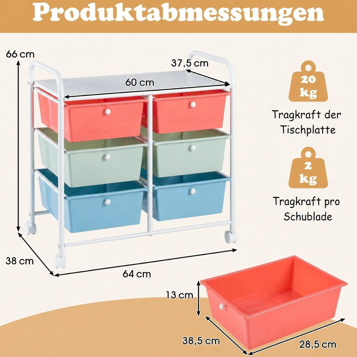 Rollwagen Rollcontainer mit 6 Schubladen aus Kunststoff & 2 Griffen 63,5 x 38 x 66 cm Bunt