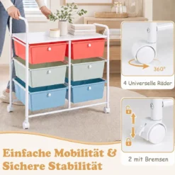 Rollwagen Rollcontainer mit 6 Schubladen aus Kunststoff & 2 Griffen 63,5 x 38 x 66 cm Bunt