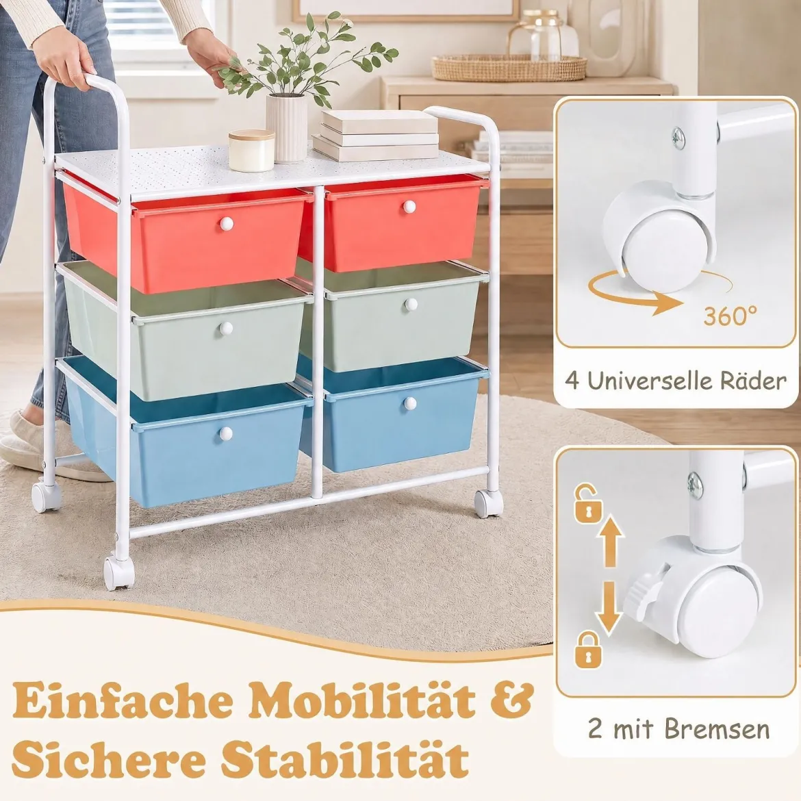 Rollwagen Rollcontainer mit 6 Schubladen aus Kunststoff & 2 Griffen 63,5 x 38 x 66 cm Bunt