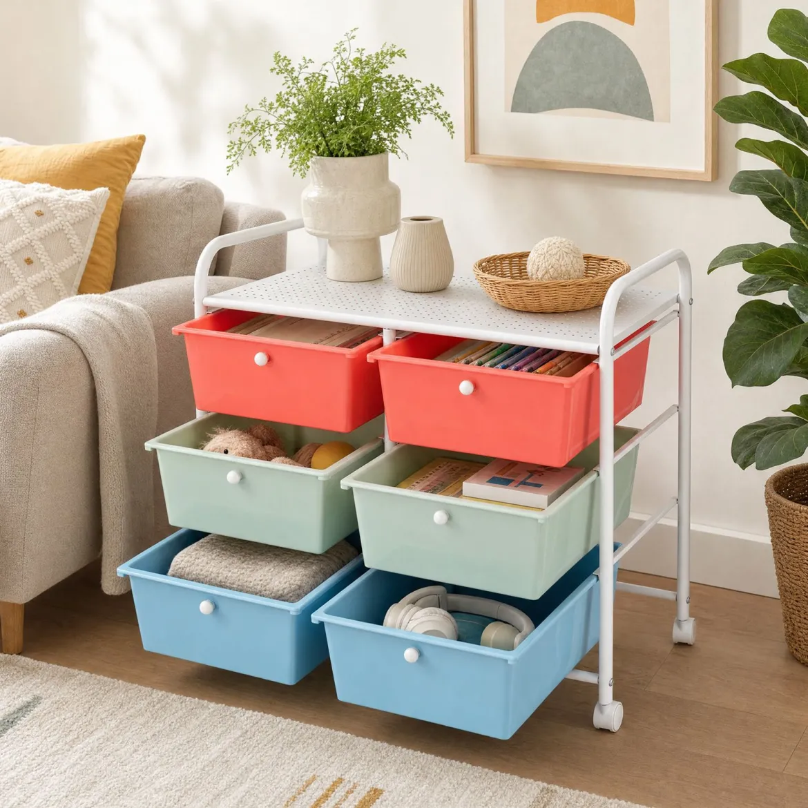 Rollwagen Rollcontainer mit 6 Schubladen aus Kunststoff & 2 Griffen 63,5 x 38 x 66 cm Bunt