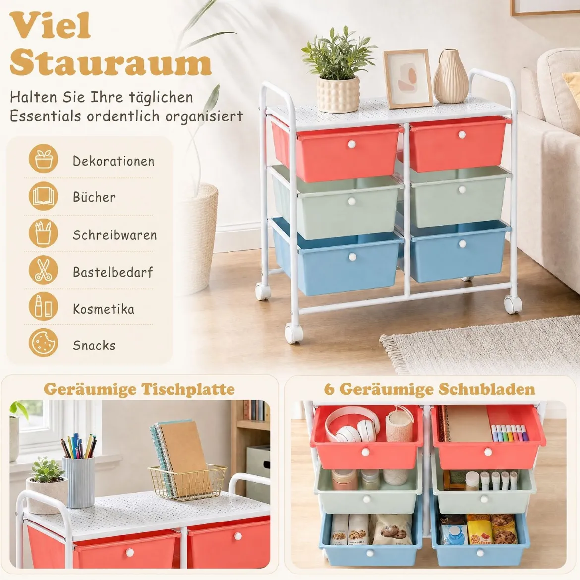 Rollwagen Rollcontainer mit 6 Schubladen aus Kunststoff & 2 Griffen 63,5 x 38 x 66 cm Bunt