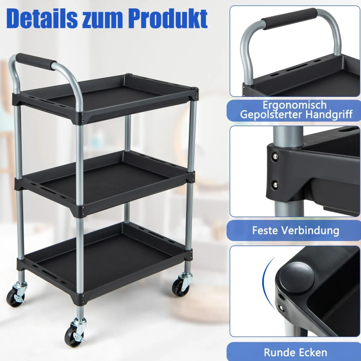 Rollwagen Werkstattwagen mit 3 Etagen mobiler Werkzeugwagen mit gepolstertem Griff & Rollen 64 x 40 x 102 cm Schwarz