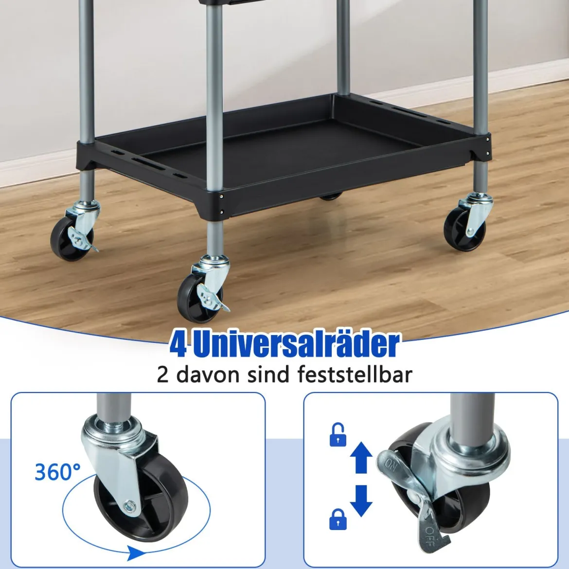 Rollwagen Werkstattwagen mit 3 Etagen mobiler Werkzeugwagen mit gepolstertem Griff & Rollen 64 x 40 x 102 cm Schwarz