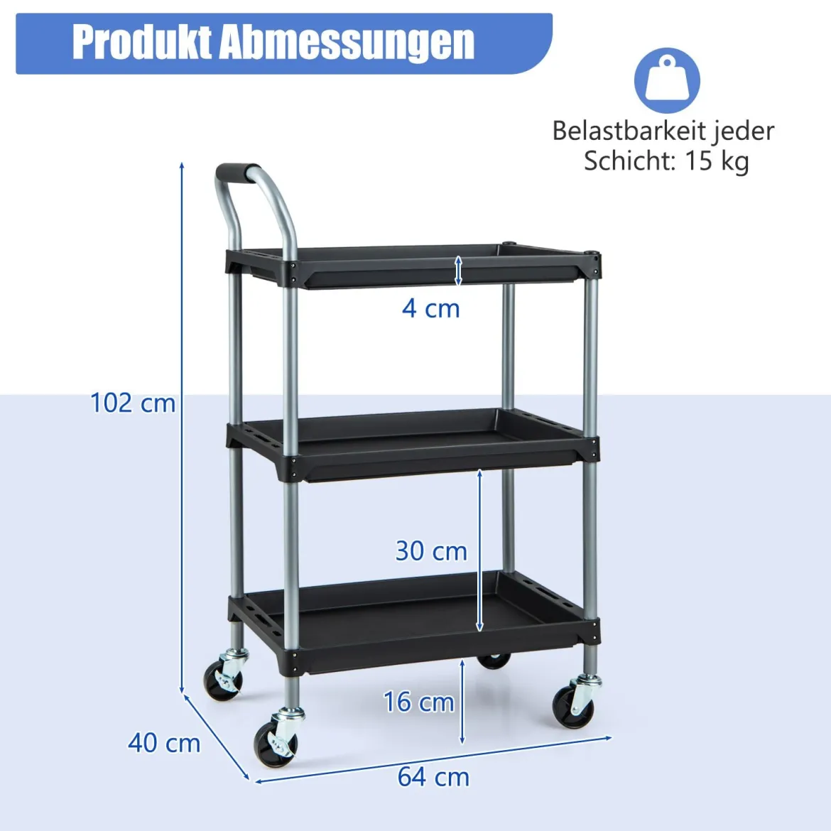 Rollwagen Werkstattwagen mit 3 Etagen mobiler Werkzeugwagen mit gepolstertem Griff & Rollen 64 x 40 x 102 cm Schwarz