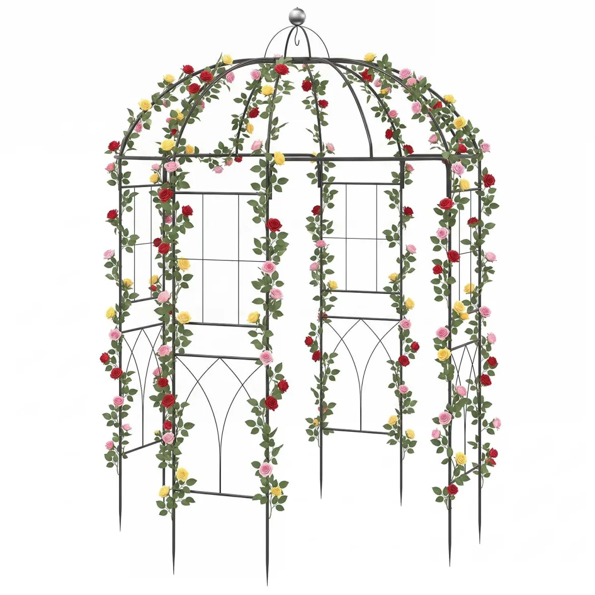 Rosenbogen aus Metall Rankpavillon in Vogelkäfig-Form Gartenbogen mit Bodenankern 203 x 203 x 296 cm