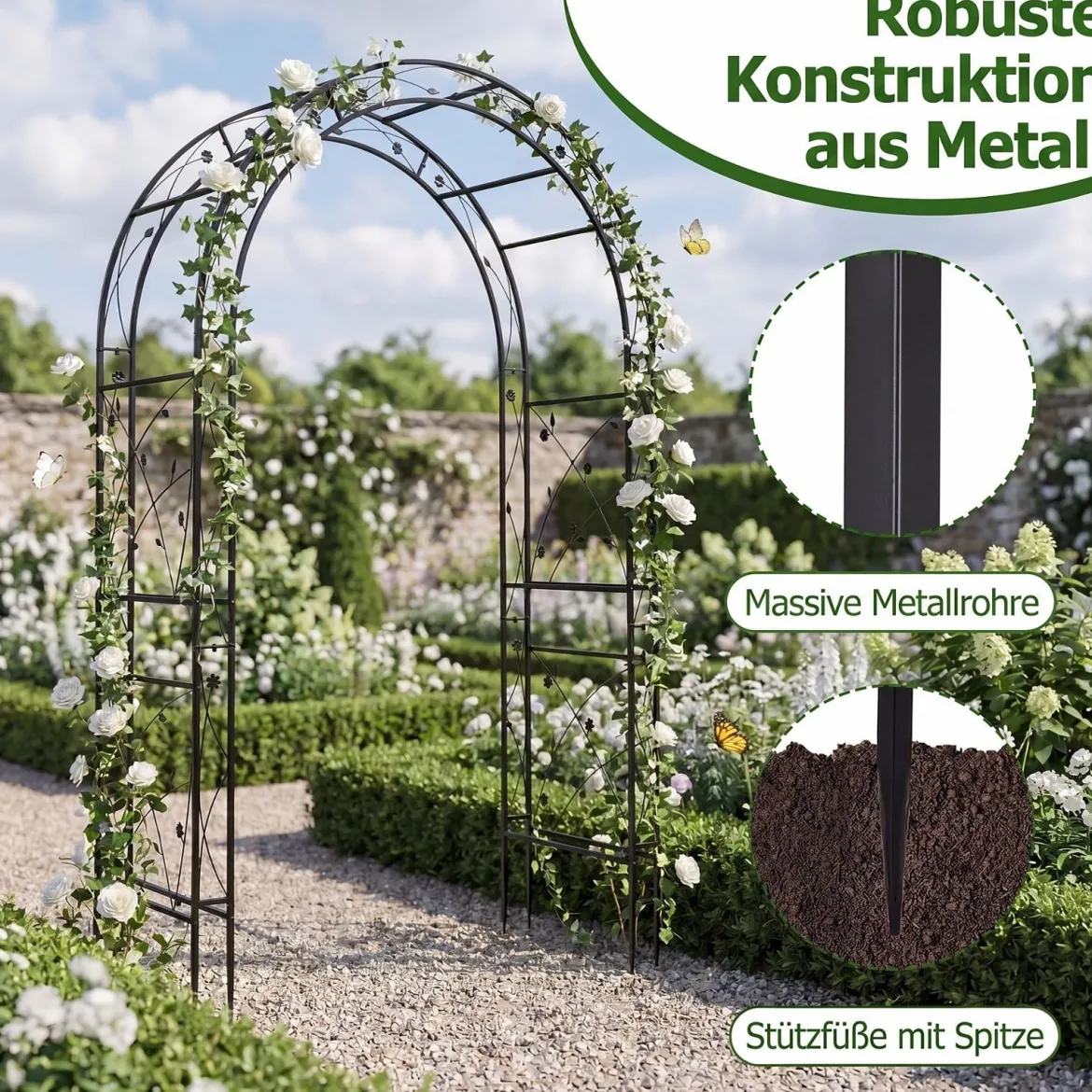 Rosenbogen aus Pulverbeschichtetem Metall Rankbogen mit Erdankern Stabiler Gartenbogen 138 x 59 x 213 cm
