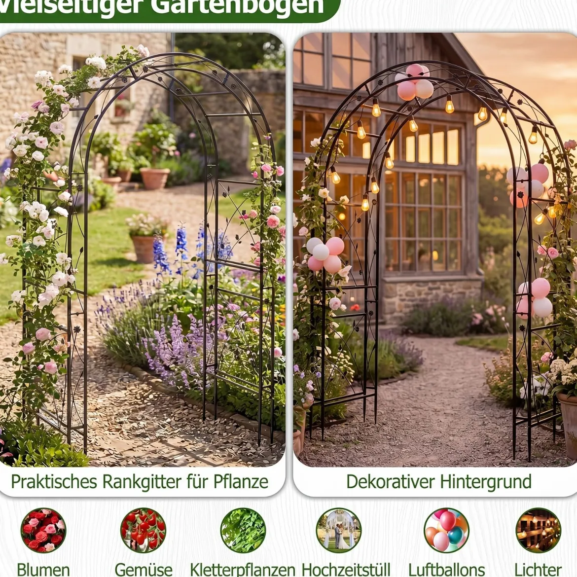 Rosenbogen aus Pulverbeschichtetem Metall Rankbogen mit Erdankern Stabiler Gartenbogen 138 x 59 x 213 cm