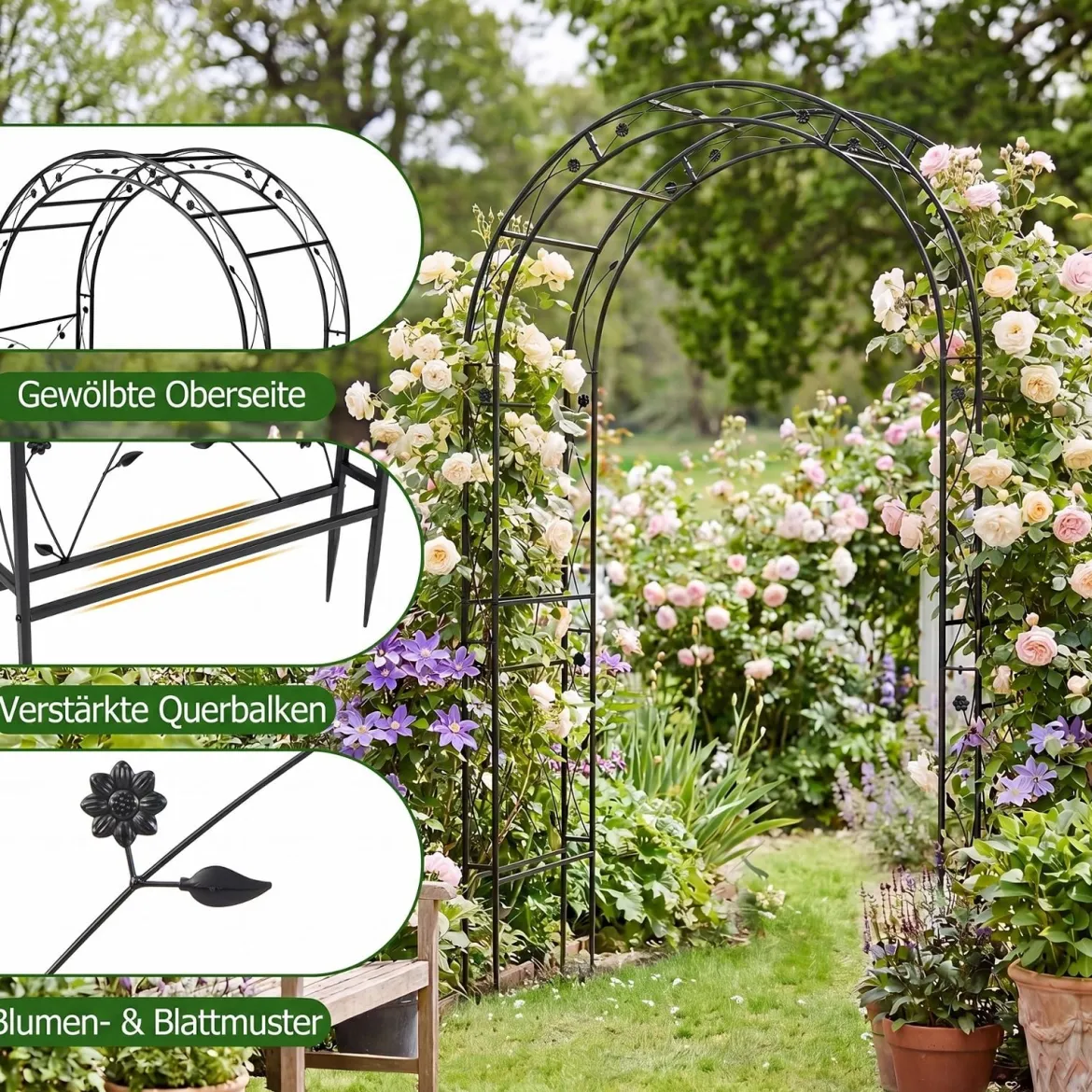 Rosenbogen aus Pulverbeschichtetem Metall Rankbogen mit Erdankern Stabiler Gartenbogen 138 x 59 x 213 cm