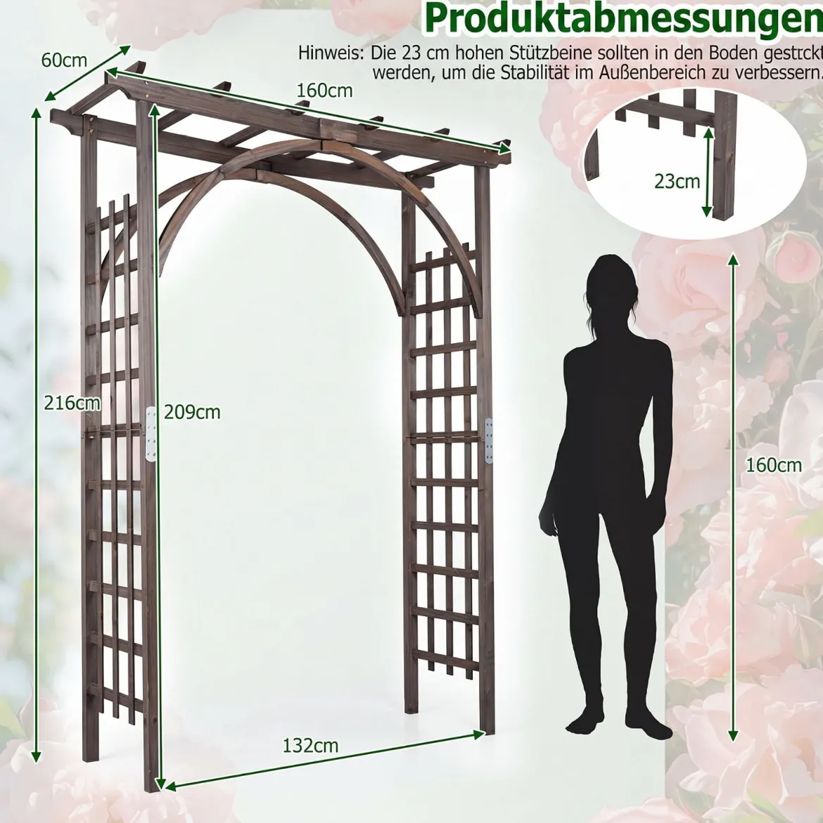 Rosenbogen Holz Gartenbogen aus Tannenholz mit Dach & Rankgittern 160 x 60 x 216 cm Dunkelbraun