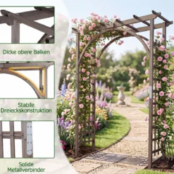 Rosenbogen Holz Gartenbogen aus Tannenholz mit Dach & Rankgittern 160 x 60 x 216 cm Dunkelbraun