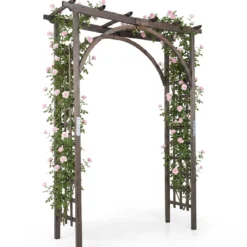 Rosenbogen Holz Gartenbogen aus Tannenholz mit Dach & Rankgittern 160 x 60 x 216 cm Dunkelbraun