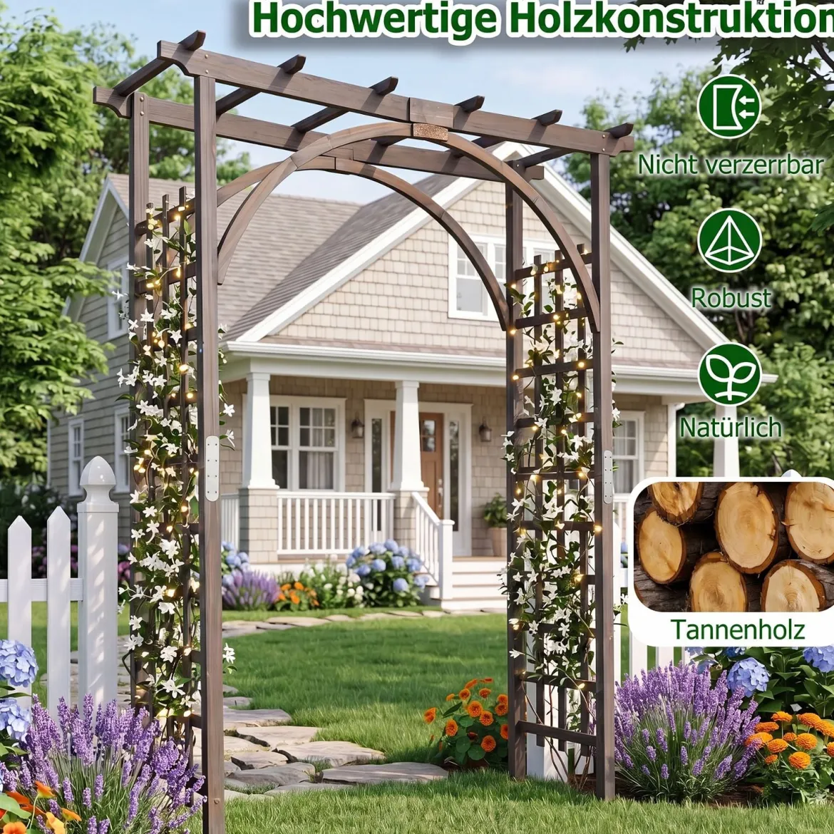 Rosenbogen Holz Gartenbogen aus Tannenholz mit Dach & Rankgittern 160 x 60 x 216 cm Dunkelbraun