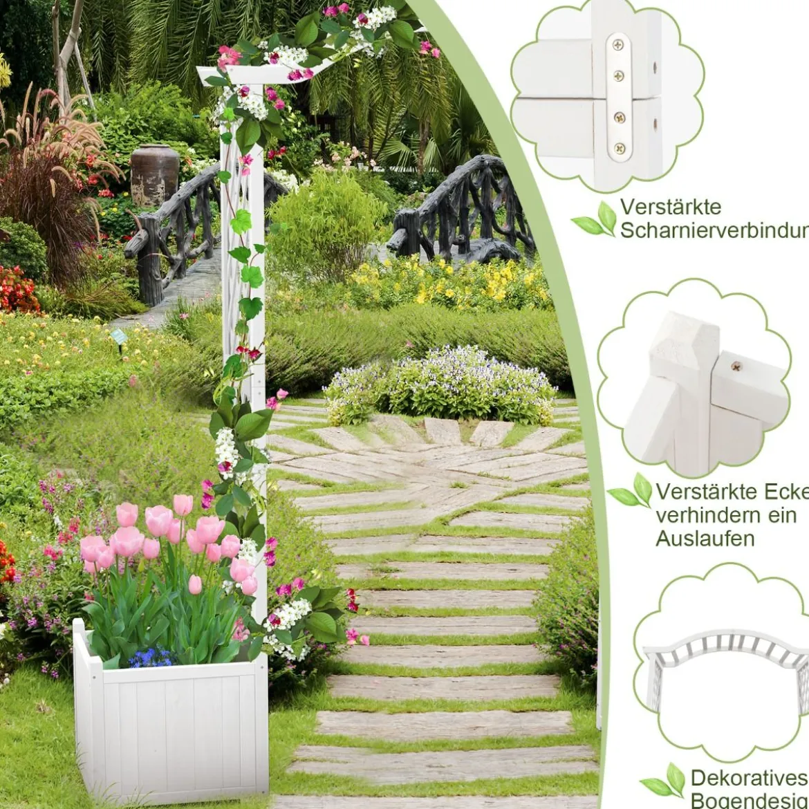 Rosenbogen Holz 2 in 1 Torbogen mit Blumenkasten Garten Pergola modern 183 x 42 x 200 cm Weiß