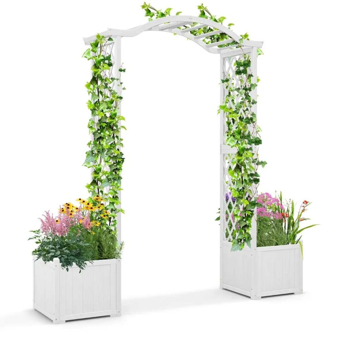 Rosenbogen Holz 2 in 1 Torbogen mit Blumenkasten Garten Pergola modern 183 x 42 x 200 cm Weiß