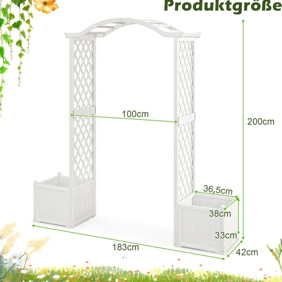 Rosenbogen Holz 2 in 1 Torbogen mit Blumenkasten Garten Pergola modern 183 x 42 x 200 cm Weiß